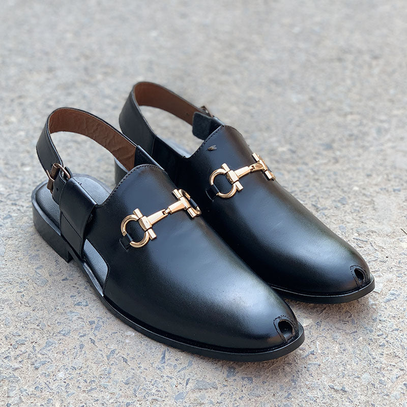 Handmade black leather backstrap loafers for men with gold horsebit hardware