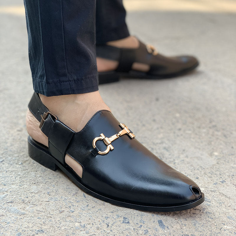 Men's black leather backless mules with gold-tone horsebit hardware