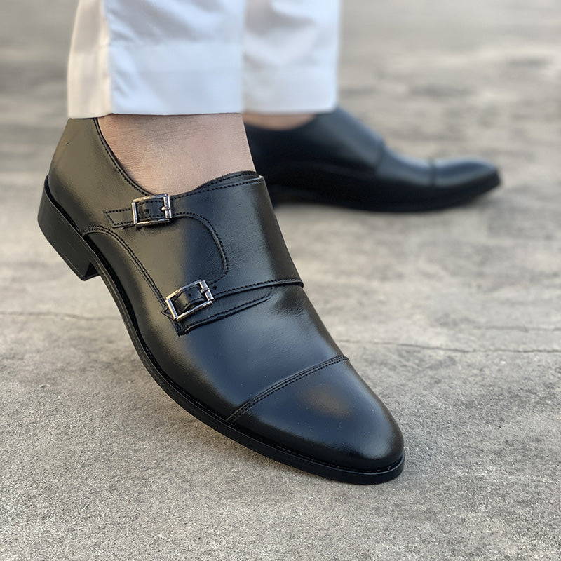 Men's black leather double monk strap formal shoes