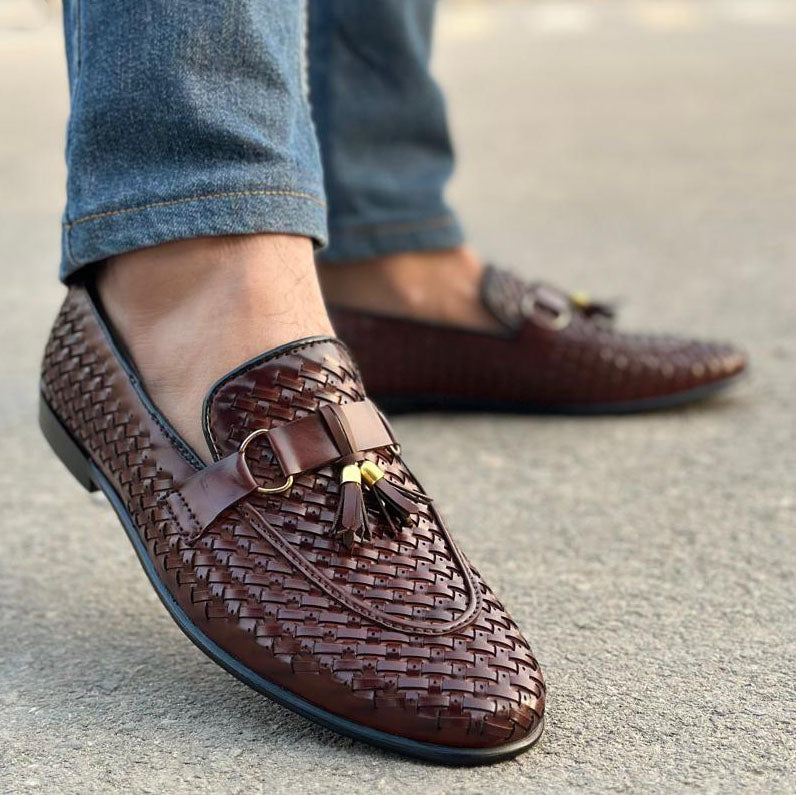 Brown woven loafers with tassels