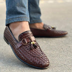 Brown woven loafers with tassels