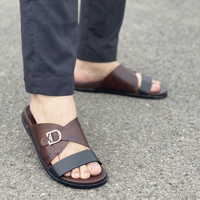 Men's brown leather handmade cross-strap sandals with gold buckle detail