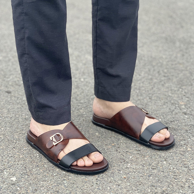 Men's brown and black leather handmade sandals with gold buckle detail