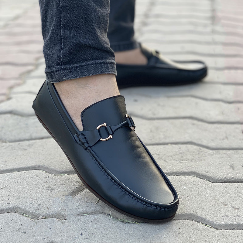 Men's black leather loafers with gold bit detail for formal and casual wear. Main image