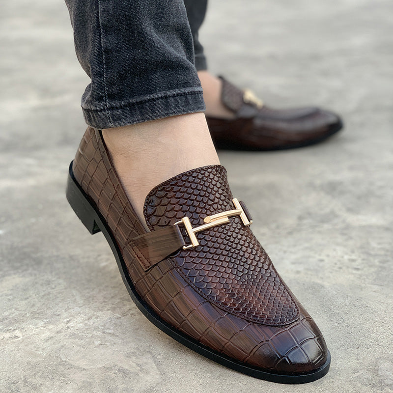 Brown crocodile embossed leather loafers for men with gold hardware
