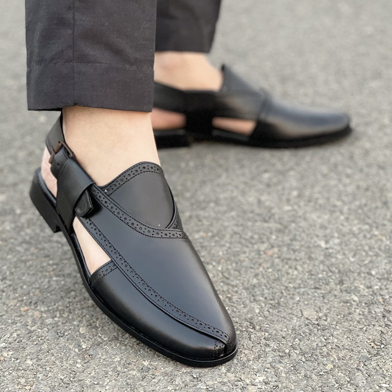 black hand stitched pure leather Kheri with a rubber sole
